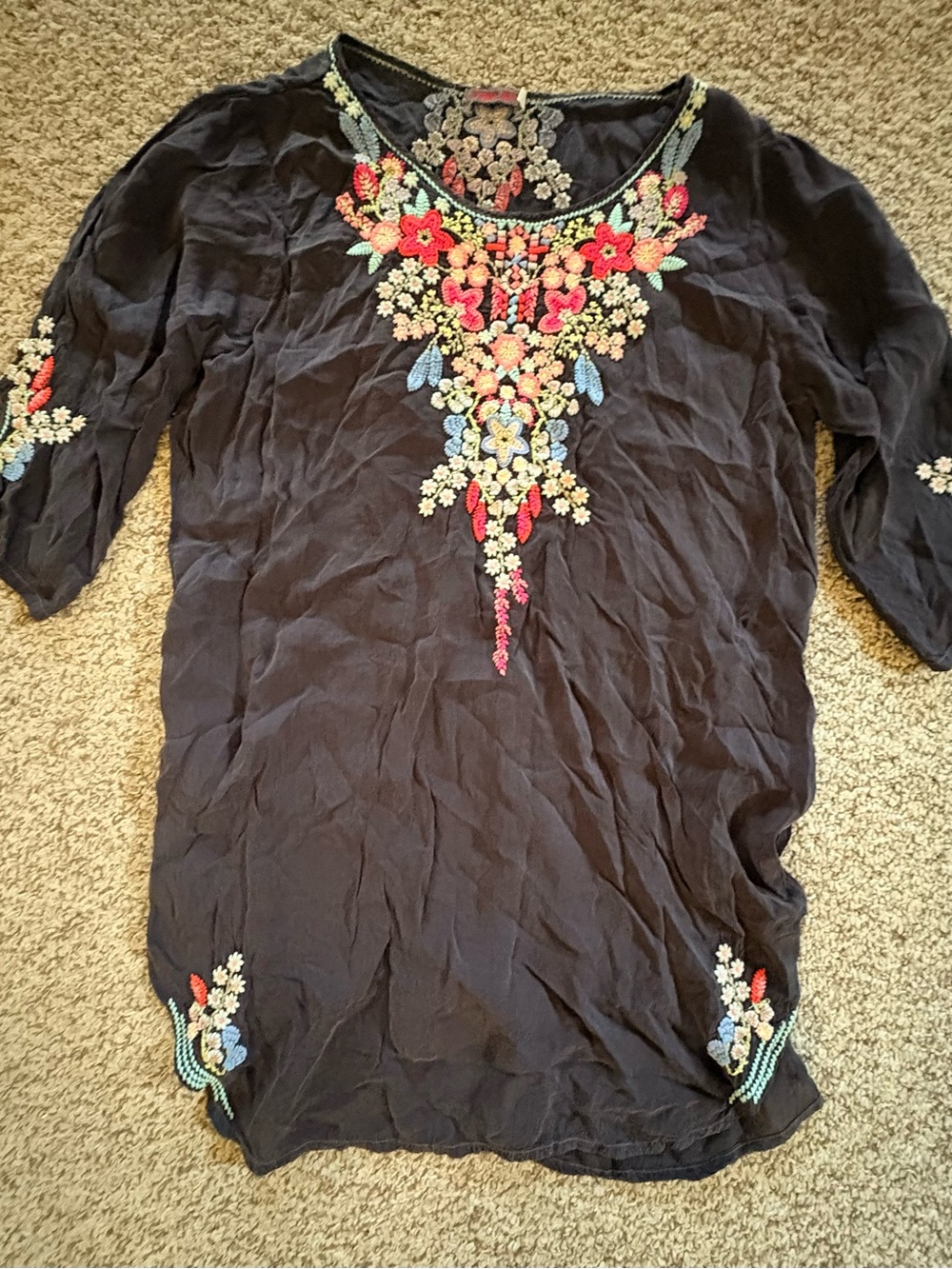 Women's Embroidered Black Boho Tunic Top